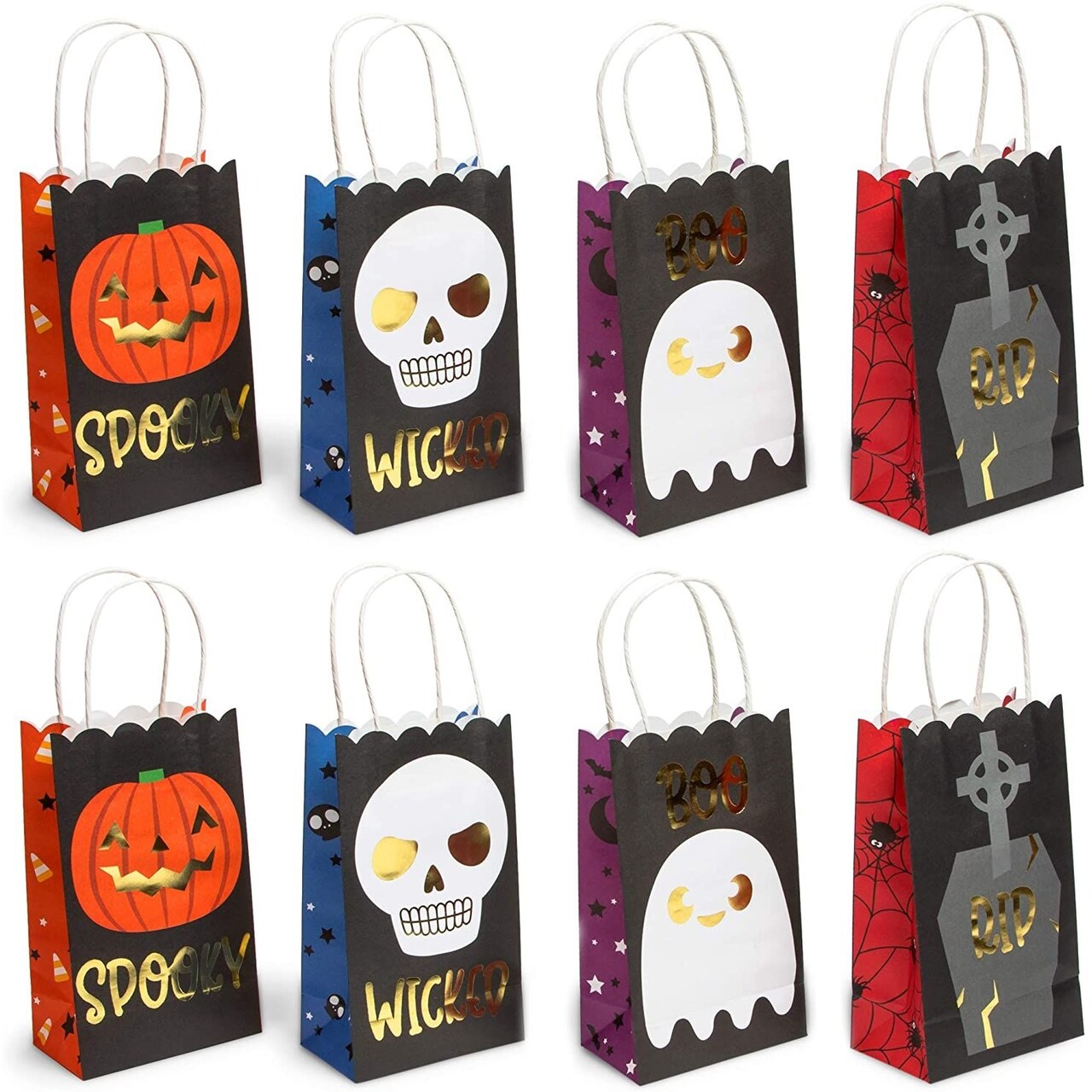 24 Pack Halloween Paper Goodie Bags with Handles for Kids Trick or Treat Candy Gift, Party Favor Supplies, 4 Designs